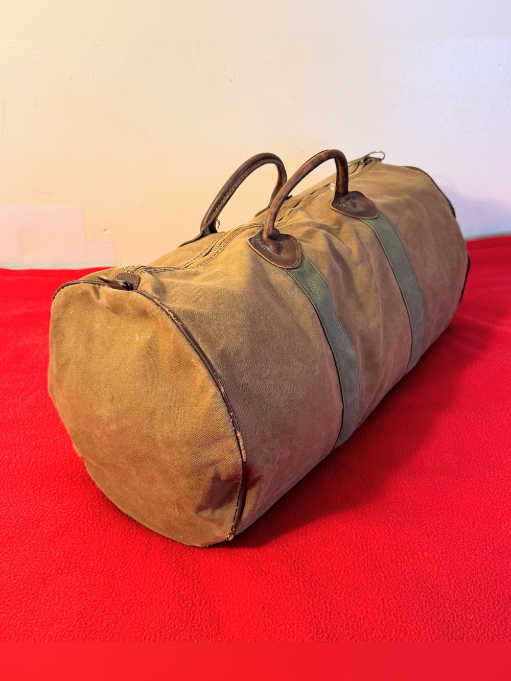 Large Vintage 80s LL Bean Duffle Bag Canvas Leather Trim Sawtooth Made in USA